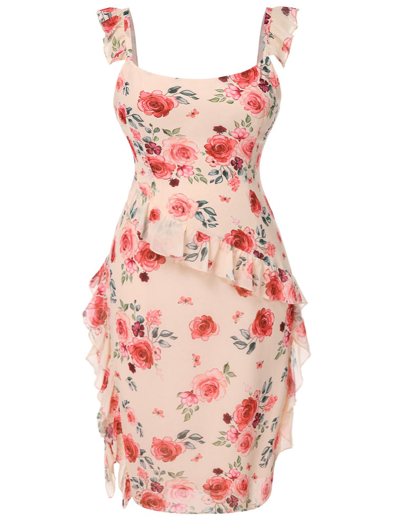[Pre-Sale] [Plus Size] Beige 1930s Ruffle Slit Rose Dress