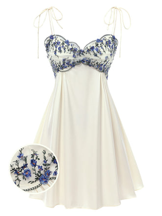 Beige 1940s Floral Embroidered Spaghetti Straps Nightgown