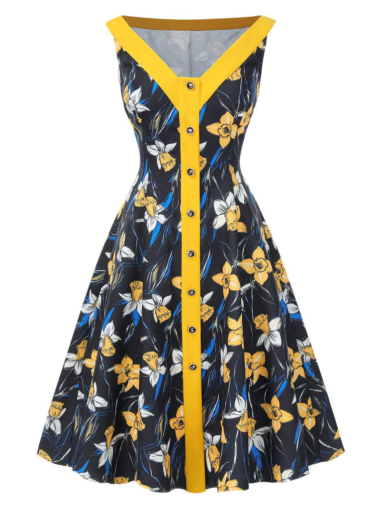 [Pre-Sale] Yellow 1950s Off-Shoulder Floral Patchwork Dress