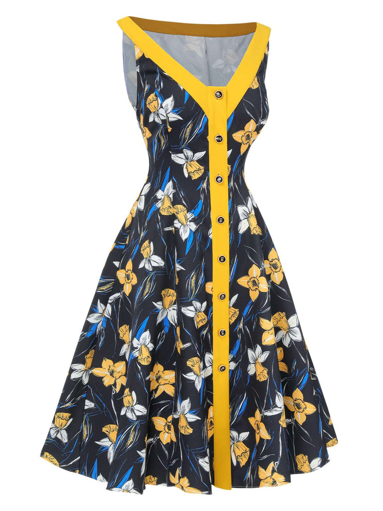 [Pre-Sale] Yellow 1950s Off-Shoulder Floral Patchwork Dress