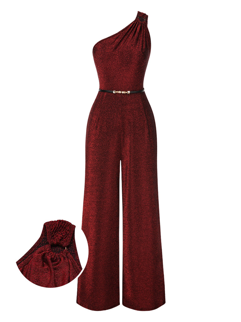 [Pre-Sale] Wine Red 1930s One-Shoulder Shimmer Belted Jumpsuit