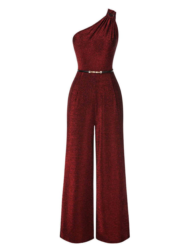 [Pre-Sale] Wine Red 1930s One-Shoulder Shimmer Belted Jumpsuit