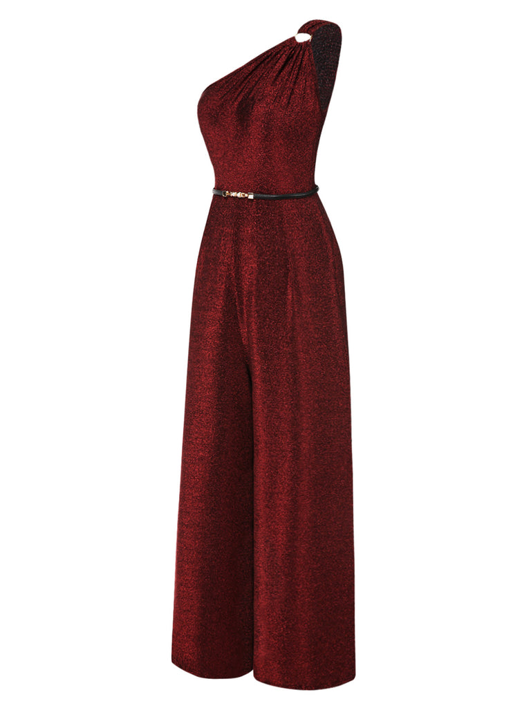 [Pre-Sale] Wine Red 1930s One-Shoulder Shimmer Belted Jumpsuit