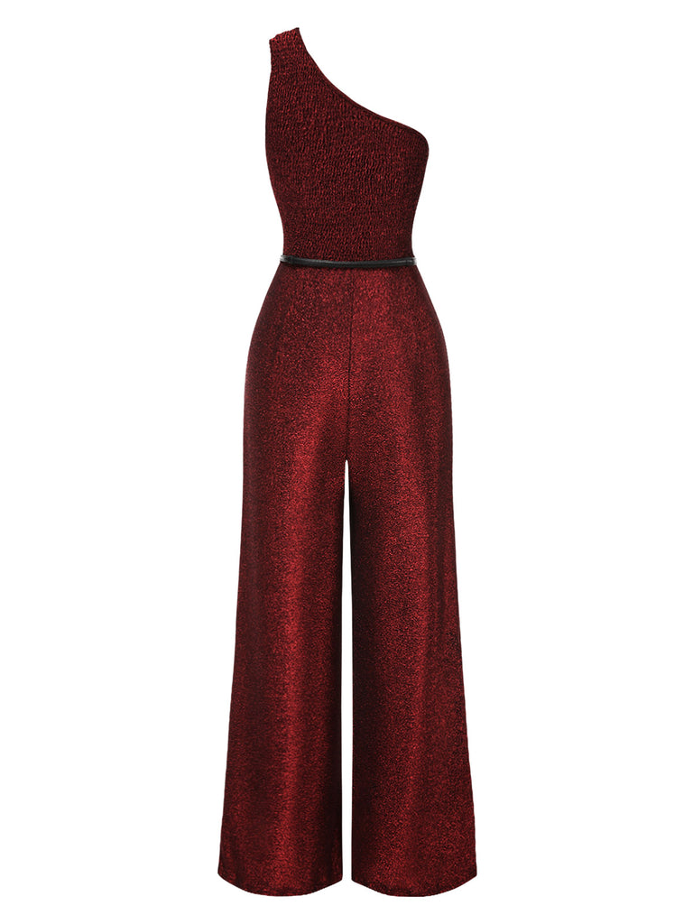 [Pre-Sale] Wine Red 1930s One-Shoulder Shimmer Belted Jumpsuit