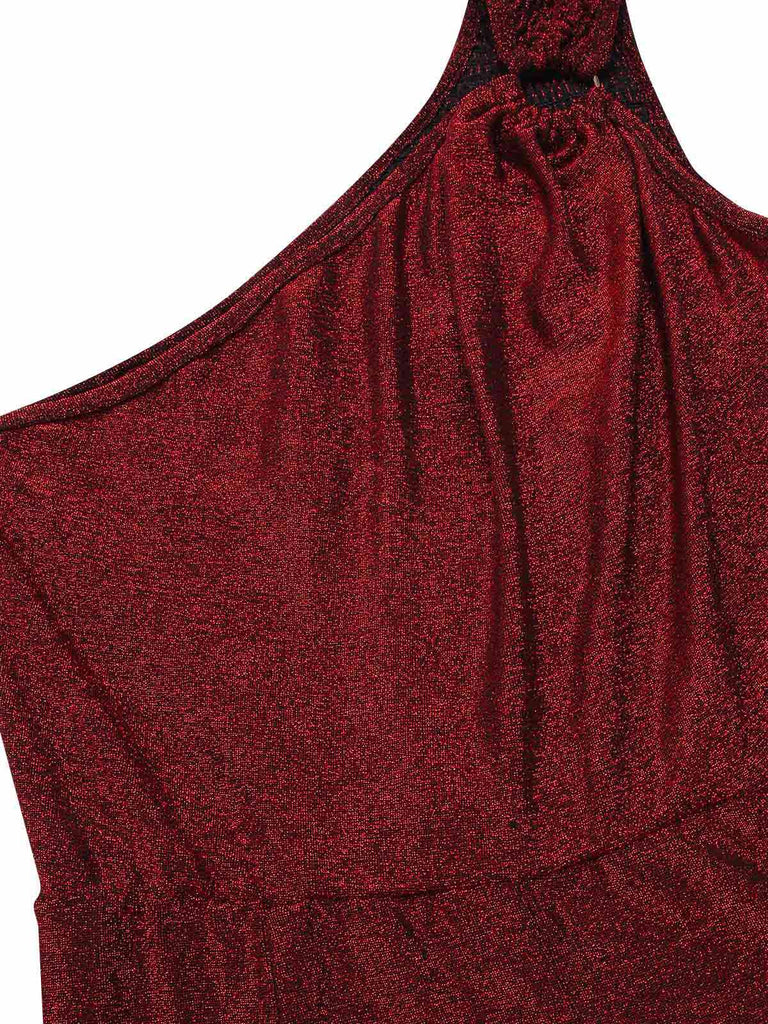 [Pre-Sale] Wine Red 1930s One-Shoulder Shimmer Belted Jumpsuit