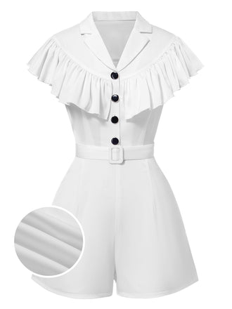 [Pre-Sale] White 1940s Solid Lapel Ruffled Romper