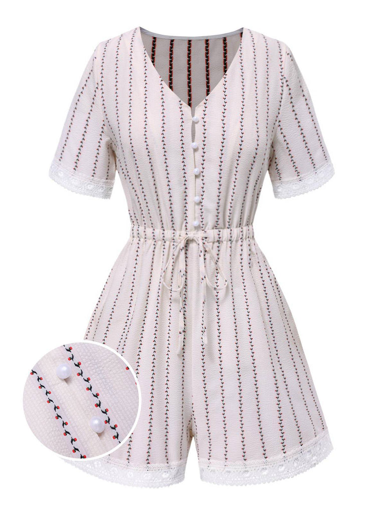 [Pre-Sale] Cream Color 1940s Floral Lace V-Neck Romper