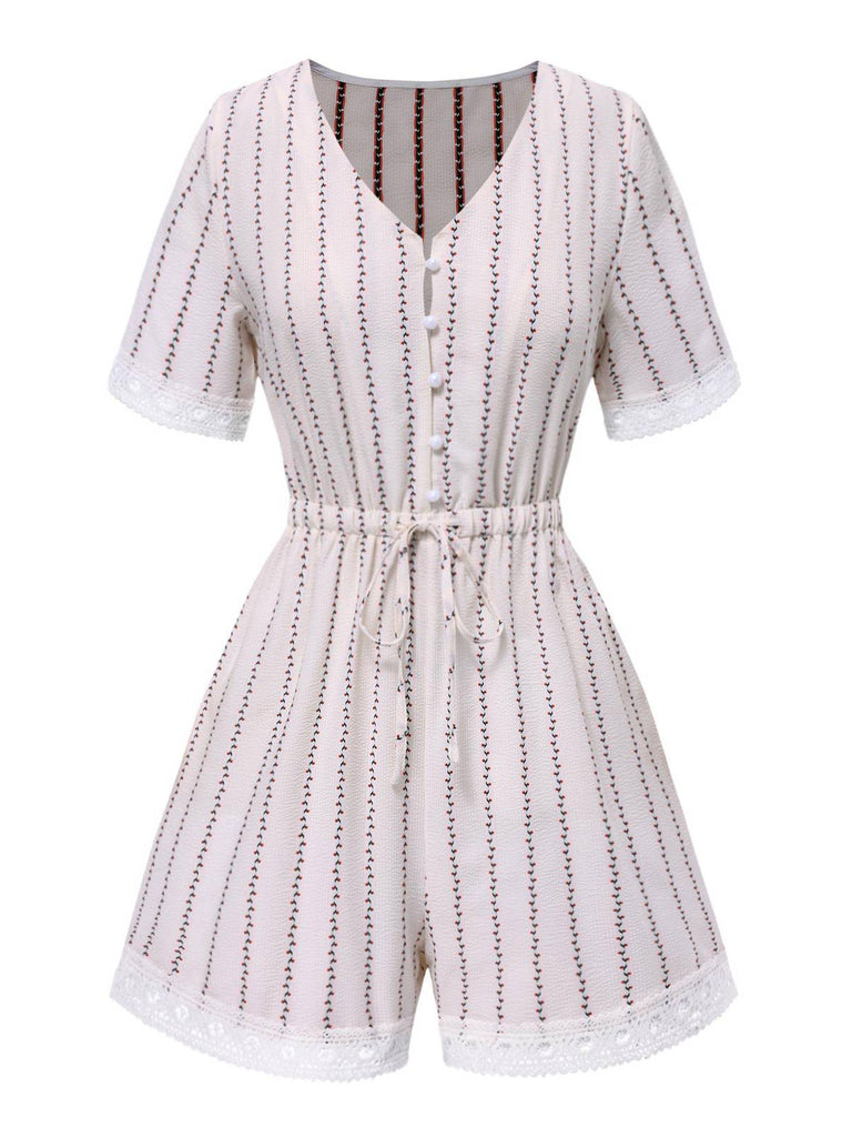 [Pre-Sale] Cream Color 1940s Floral Lace V-Neck Romper