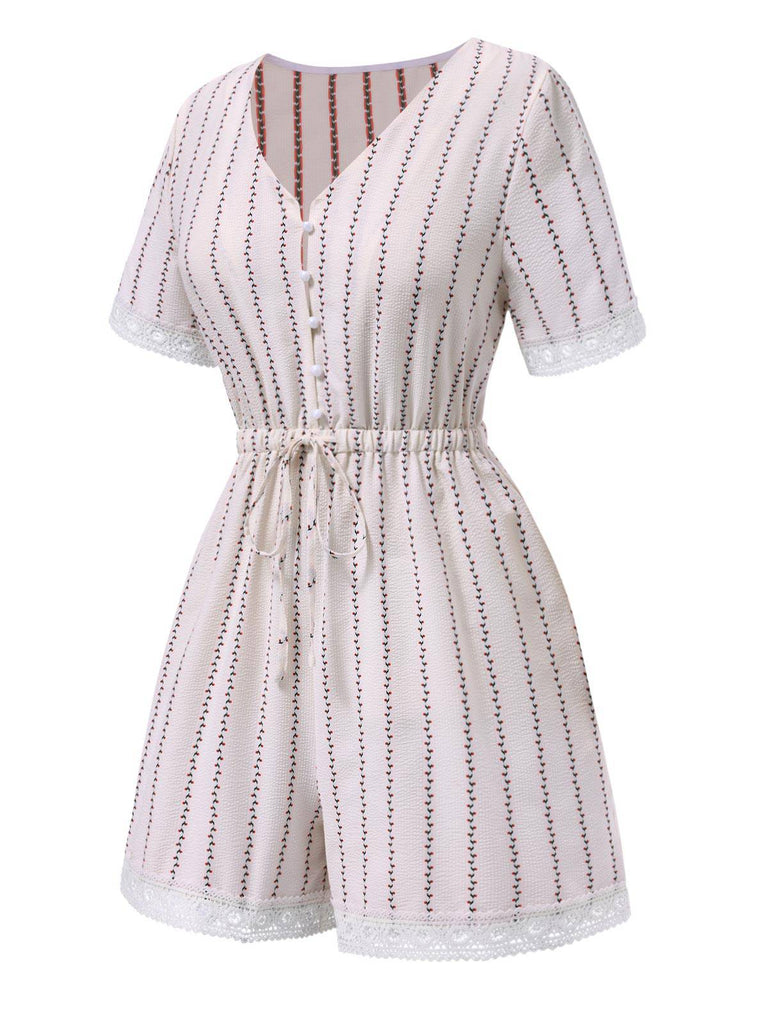 [Pre-Sale] Cream Color 1940s Floral Lace V-Neck Romper