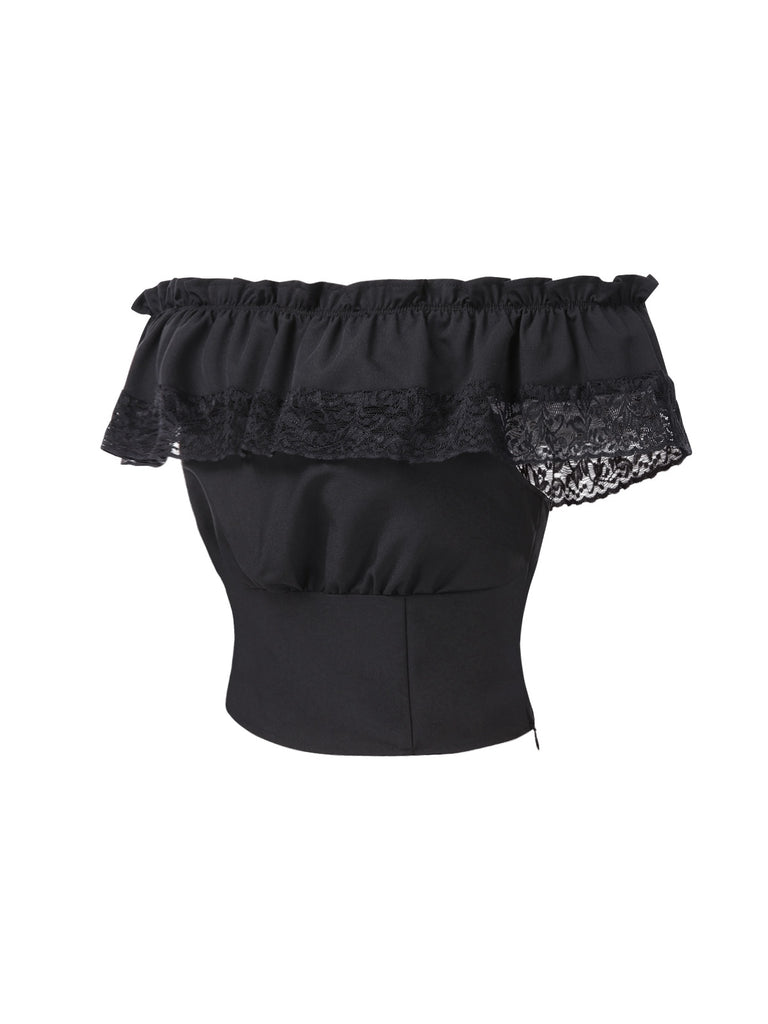 [Pre-Sale] Black 1950s Palace Lace Patchwork Off-Shoulder Top