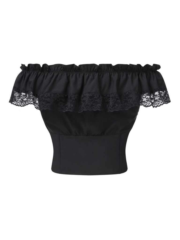 [Pre-Sale] Black 1950s Palace Lace Patchwork Off-Shoulder Top