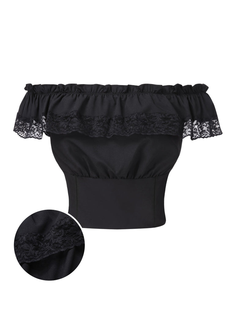 [Pre-Sale] Black 1950s Palace Lace Patchwork Off-Shoulder Top