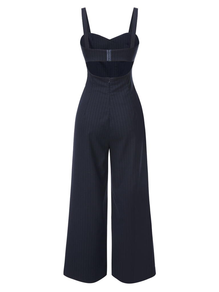 [Pre-Sale] Dark Gray 1930s Pinstripes High Waist Straps Jumpsuit