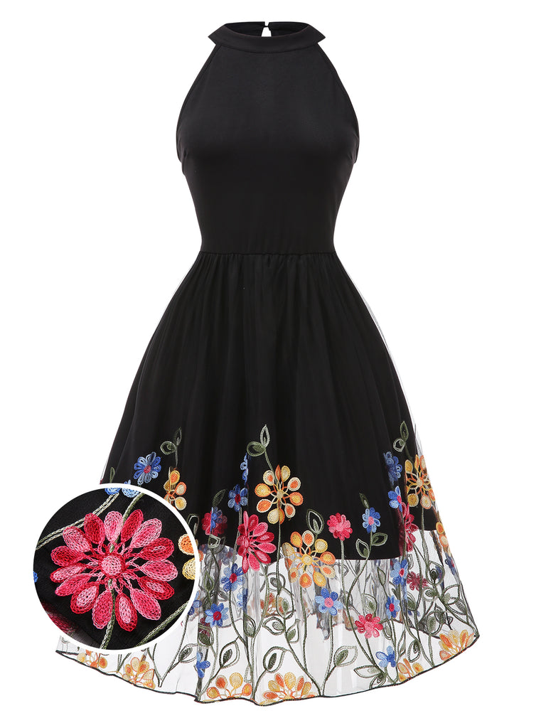 Black 1950s 3D Flowers Embroidered Mesh Dress