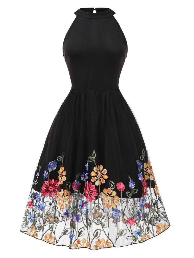 Black 1950s 3D Flowers Embroidered Mesh Dress