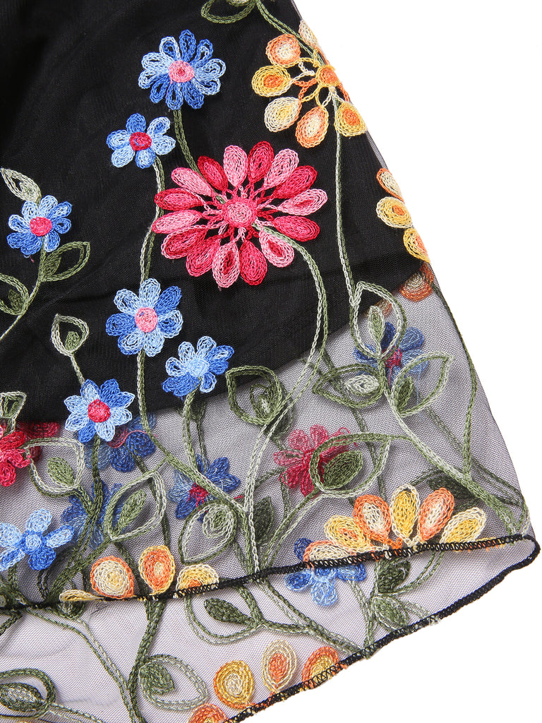 Black 1950s 3D Flowers Embroidered Mesh Dress