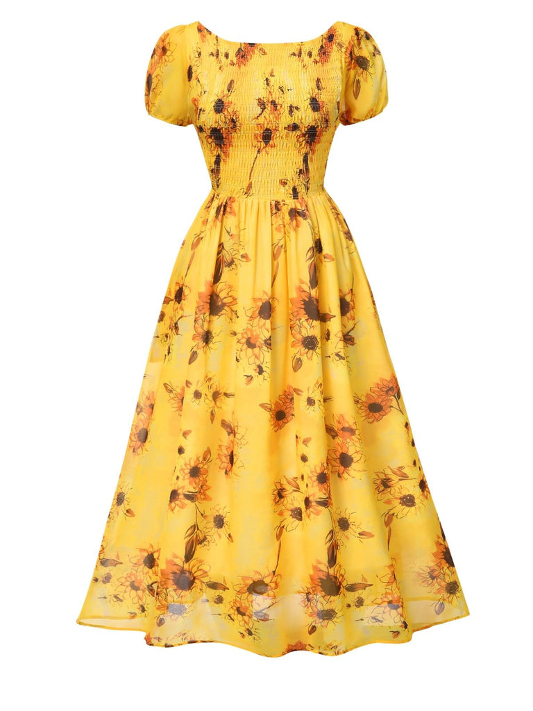 Yellow 1970s Scoop Midi A-line Sunflower Dress