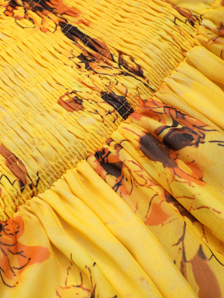 Yellow 1970s Scoop Midi A-line Sunflower Dress