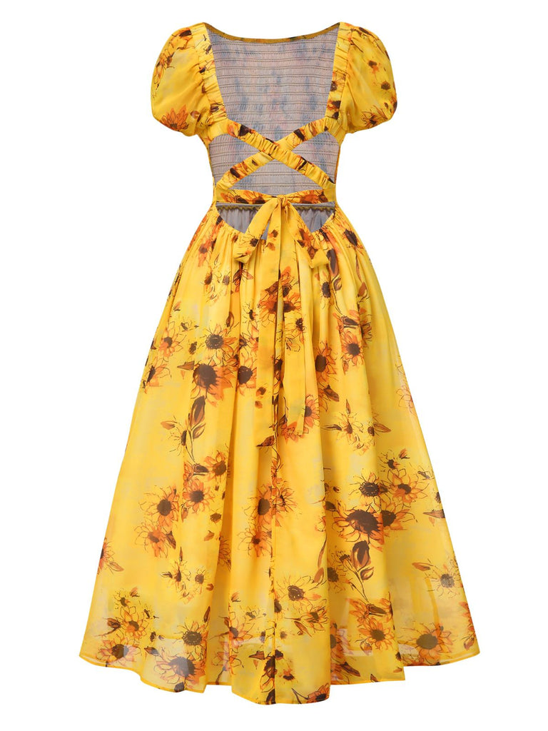 Yellow 1970s Scoop Midi A-line Sunflower Dress