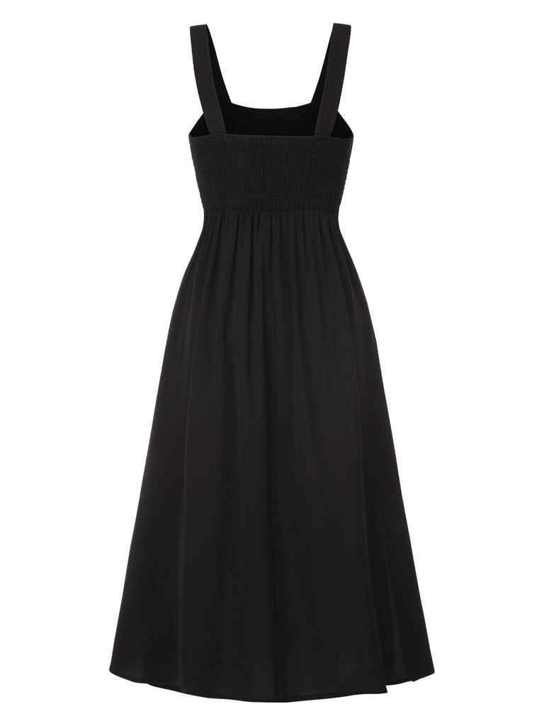 Black 1940s Strap Embroidered Floral Maxi Dress