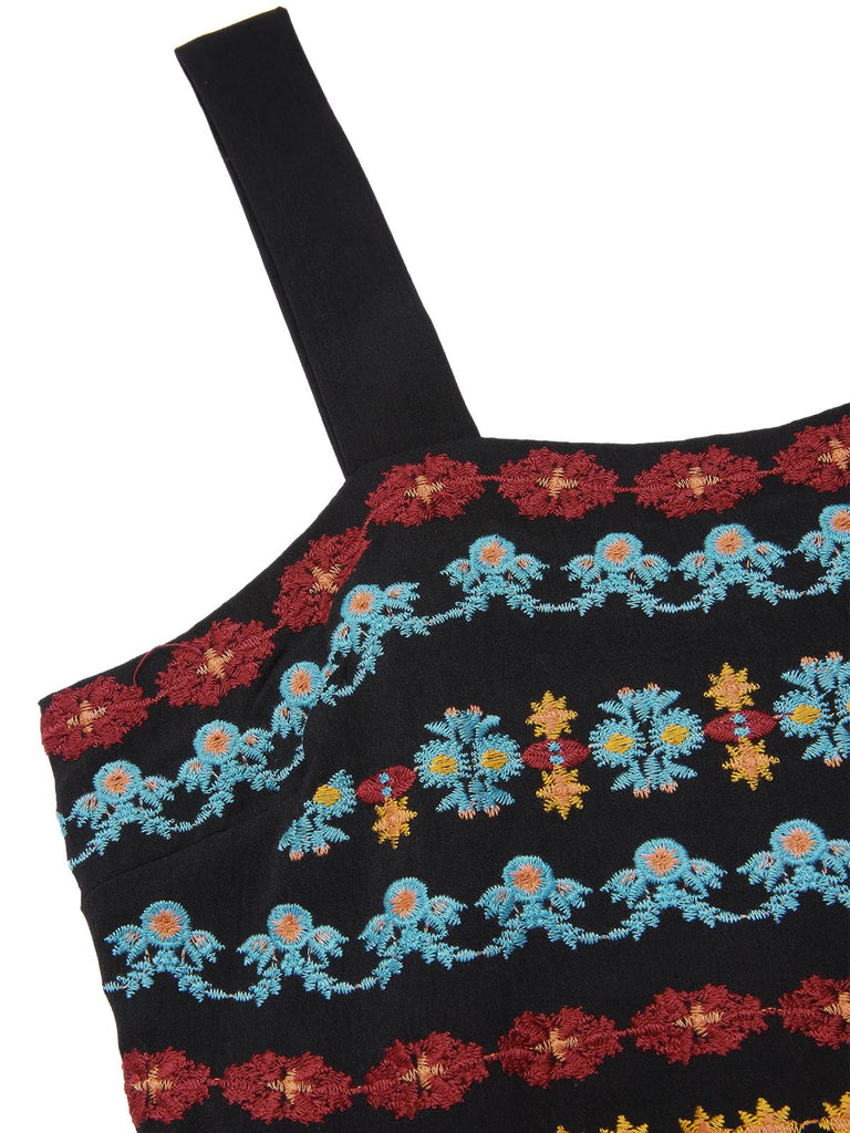 Black 1940s Strap Embroidered Floral Maxi Dress