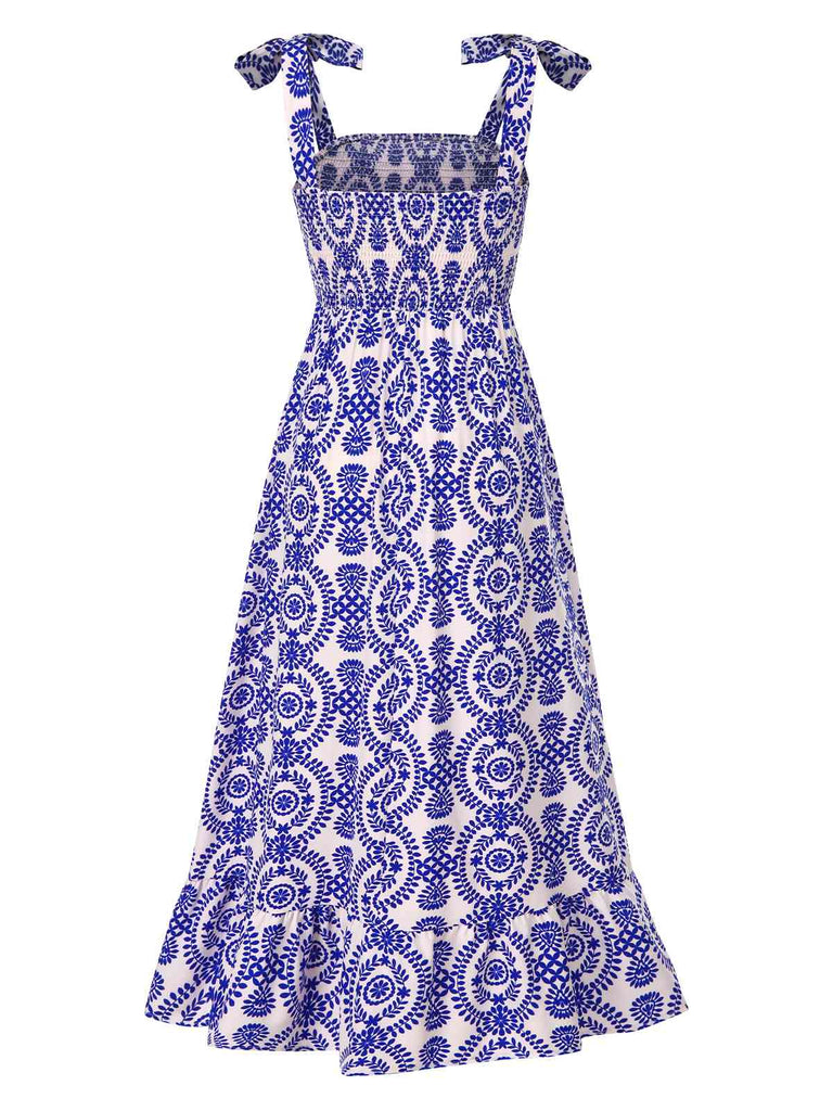 Blue 1970s Bohemian Straps Print Sleeveless Dress