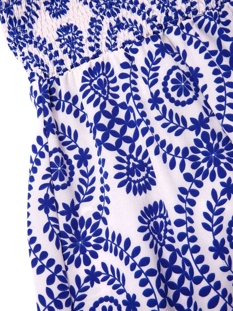 Blue 1970s Bohemian Straps Print Sleeveless Dress
