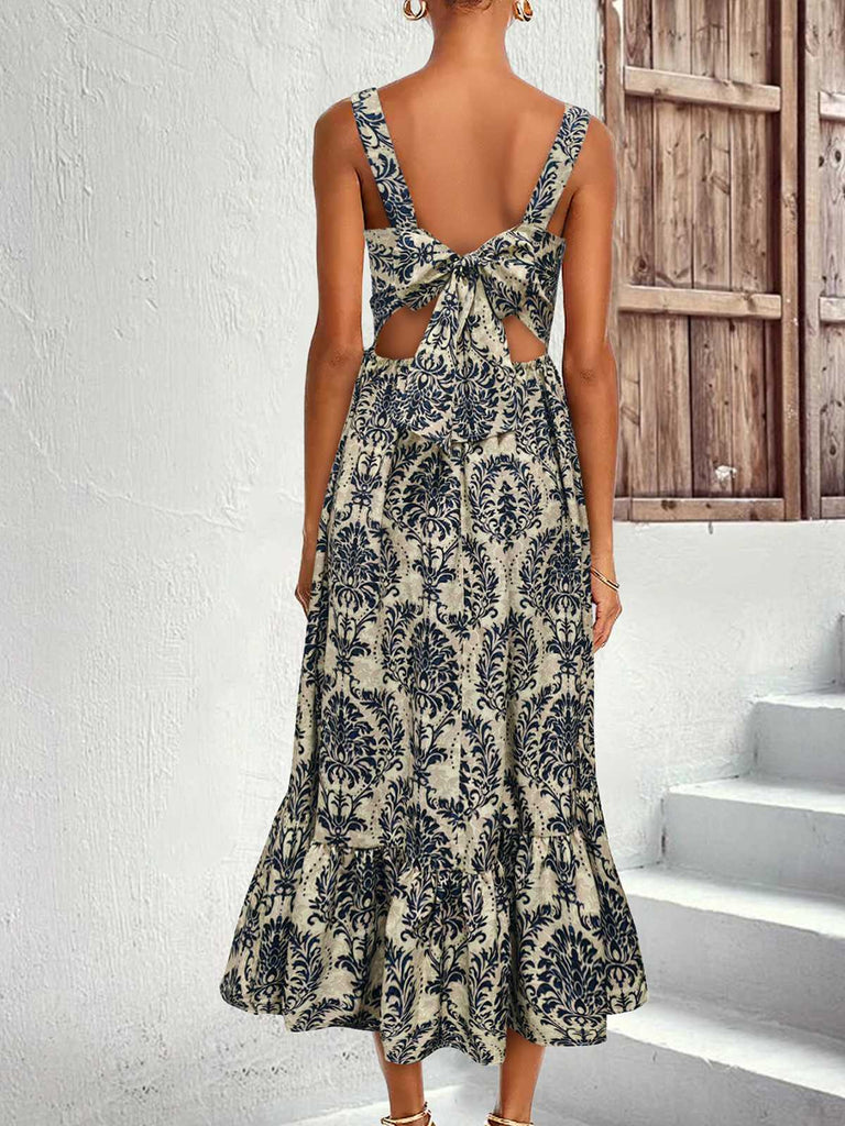 1950s Strap Square-Neck Tie-Back Floral Dress