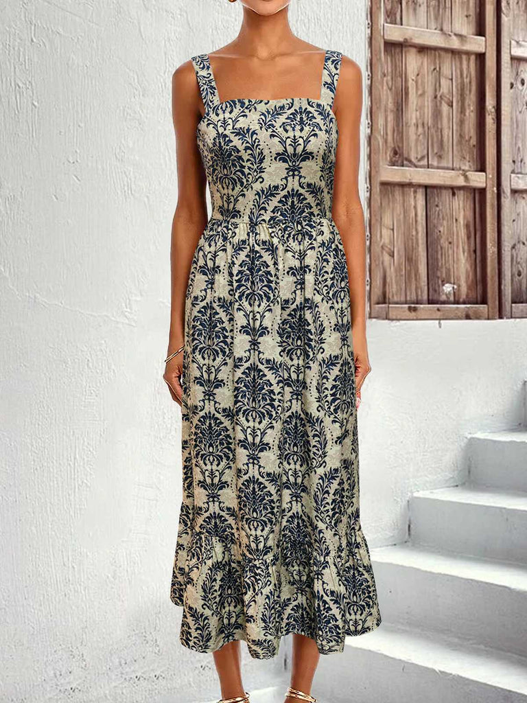1950s Strap Square-Neck Tie-Back Floral Dress