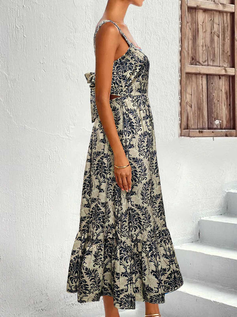 1950s Strap Square-Neck Tie-Back Floral Dress