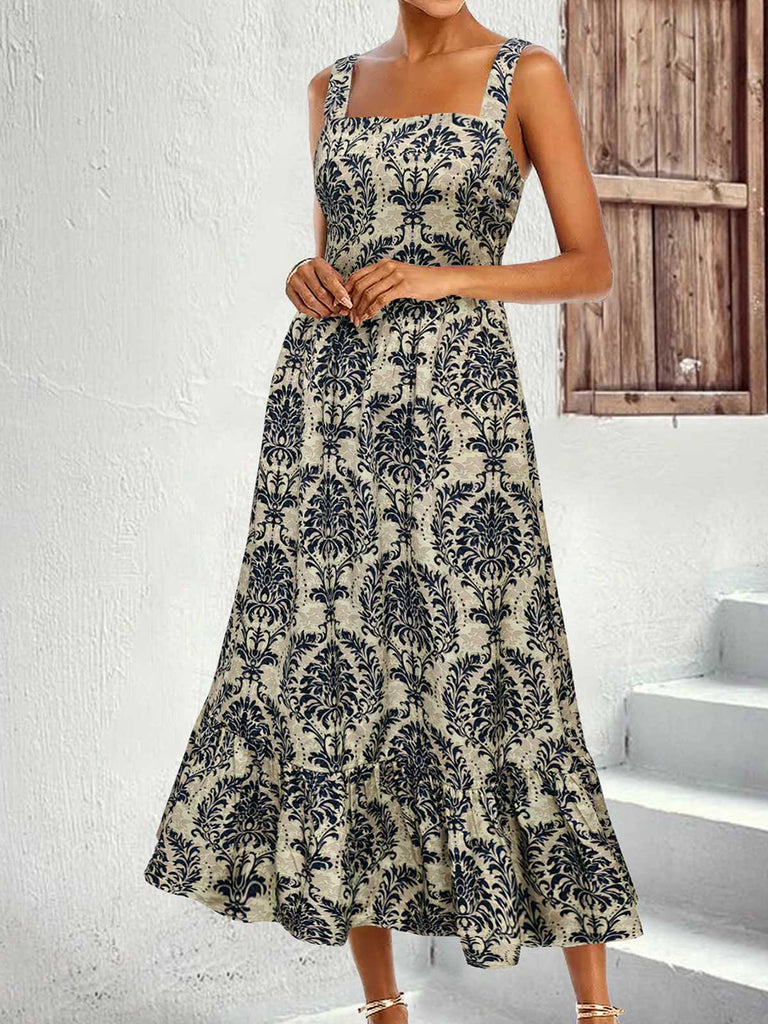1950s Strap Square-Neck Tie-Back Floral Dress