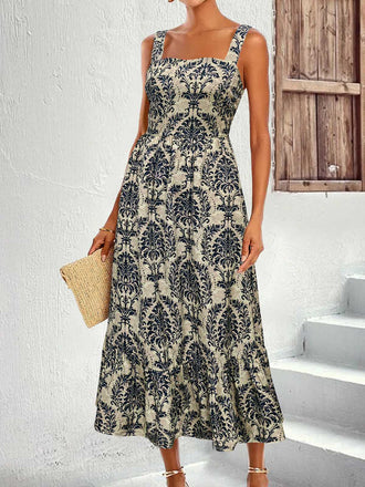 1950s Strap Square-Neck Tie-Back Floral Dress