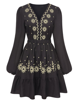 Black 1940s Deep V Embroidered Floral Dress