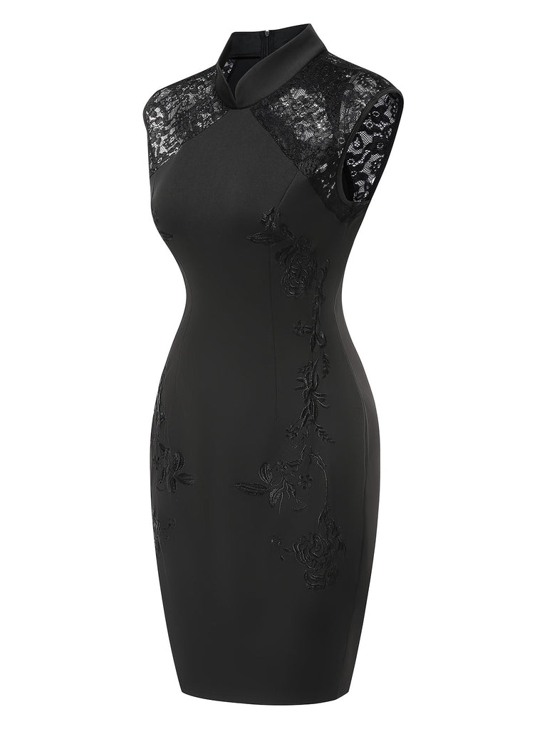 Black 1960s Mandarin Collar Embroidered Floral Pencil Dress