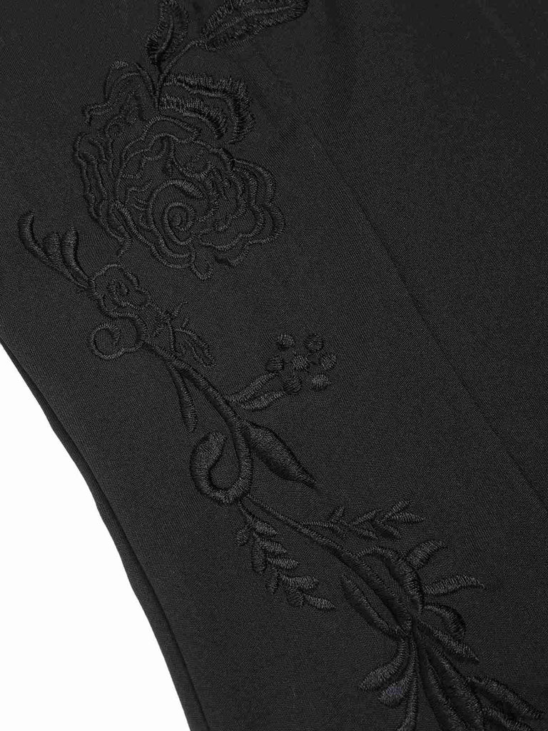 Black 1960s Mandarin Collar Embroidered Floral Pencil Dress