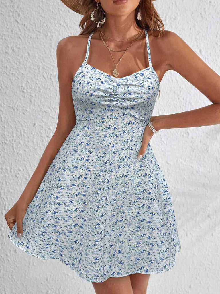Light Blue 1970s Ditsy Floral Backless Dress
