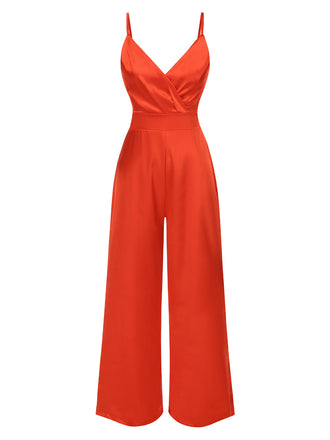 Red 1940s Solid Satin V-Neck Spaghetti Straps Jumpsuit