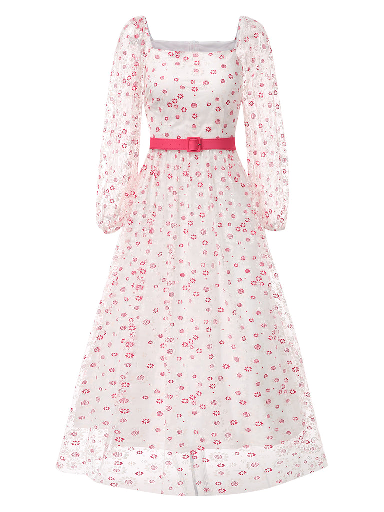 1940s Floral Illusion Square Neck Belt Dress