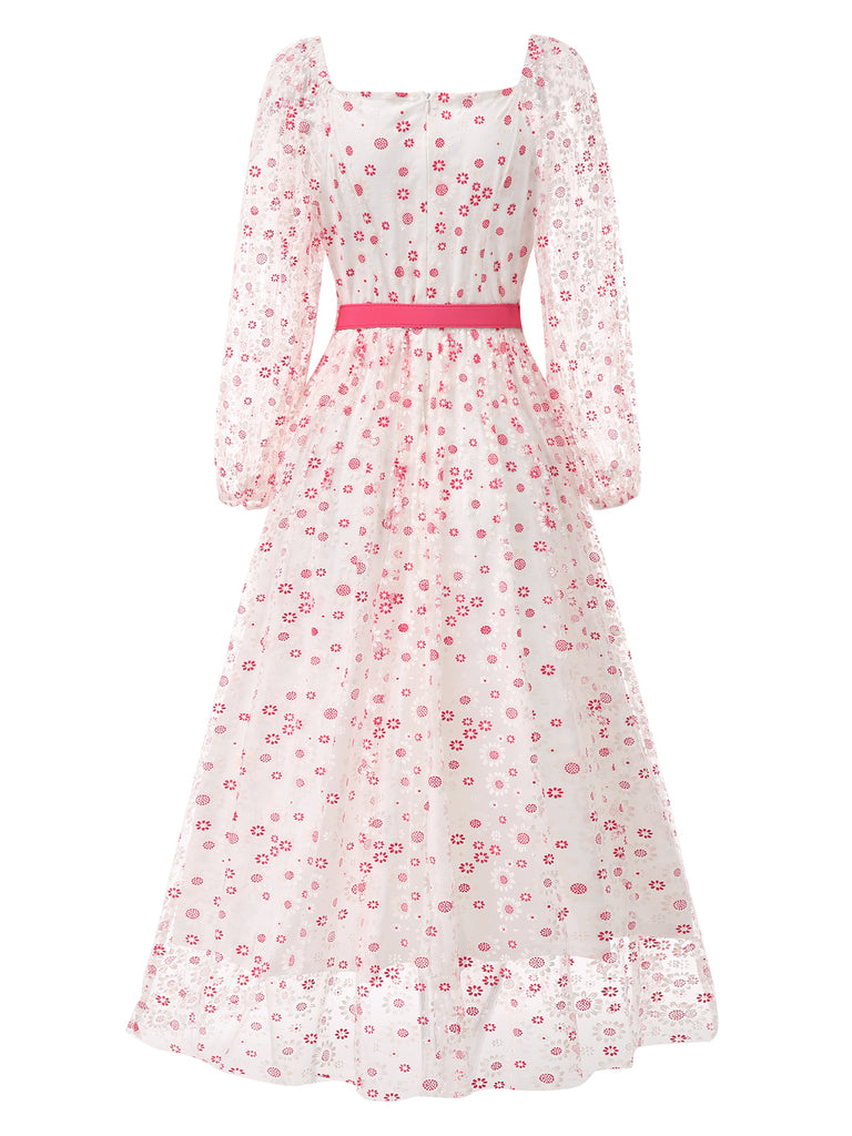 1940s Floral Illusion Square Neck Belt Dress