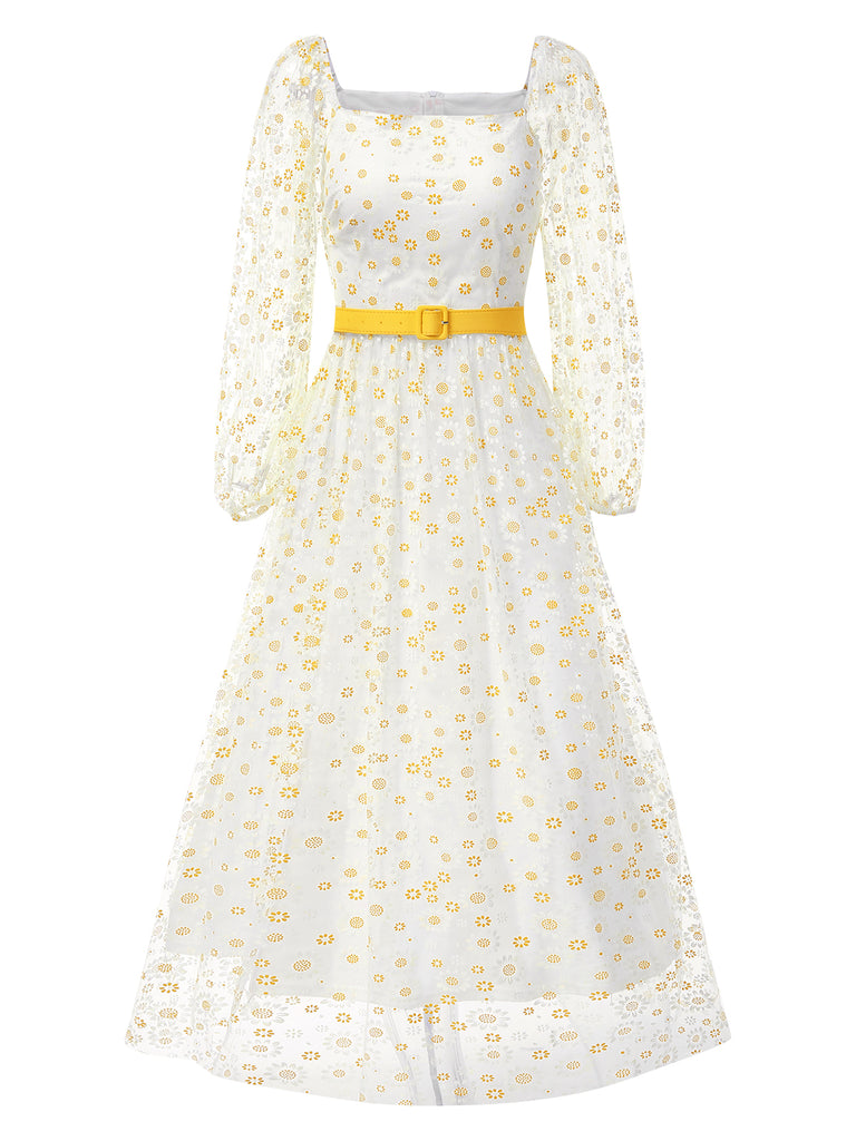 1940s Floral Illusion Square Neck Belt Dress