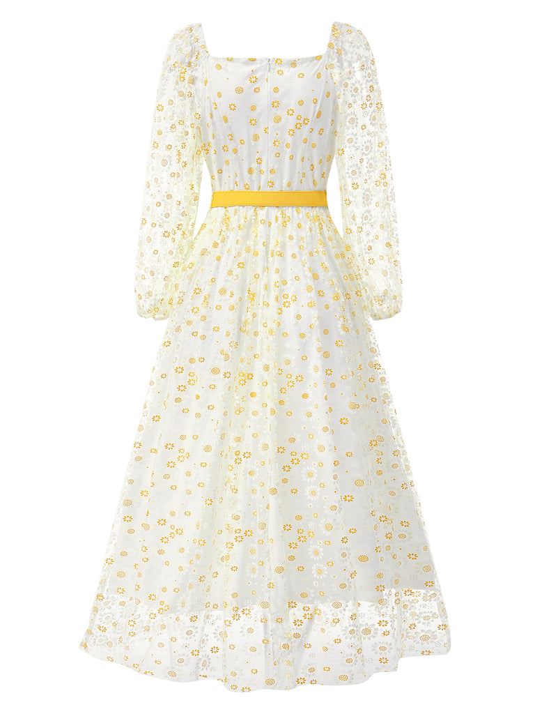 1940s Floral Illusion Square Neck Belt Dress
