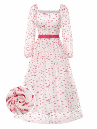 1940s Floral Illusion Square Neck Belt Dress