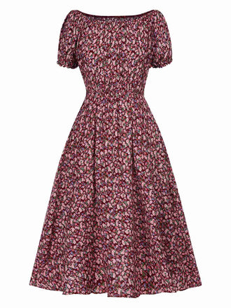 Red 1940s Puff Sleeves Ditsy Floral Dress