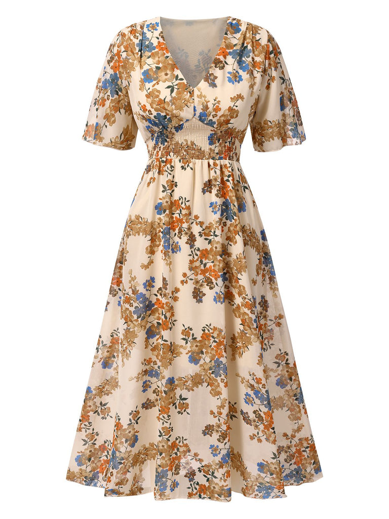 Beige 1930s V-Neck Floral Elastic Waist Dress