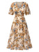 Beige 1930s V-Neck Floral Elastic Waist Dress