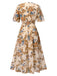 Beige 1930s V-Neck Floral Elastic Waist Dress