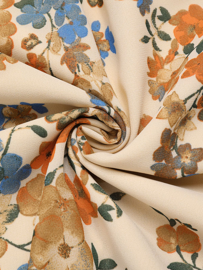 Beige 1930s V-Neck Floral Elastic Waist Dress