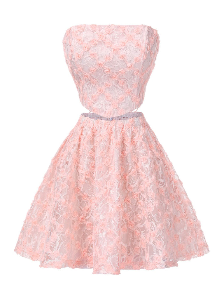 2PCS Pink 1950s 3D-Roses Lace-Up Bandeau Top & Skirt
