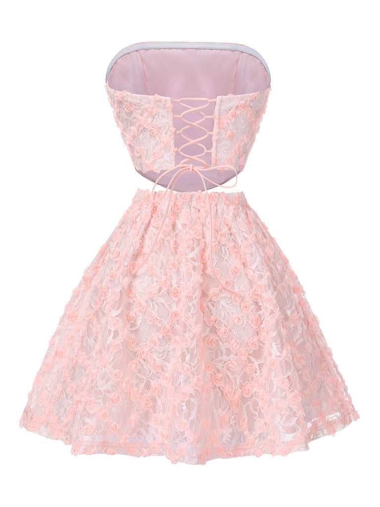 2PCS Pink 1950s 3D-Roses Lace-Up Bandeau Top & Skirt