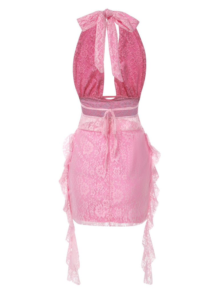 Pink 1960s Deep-V Halter Floral Lace Dress